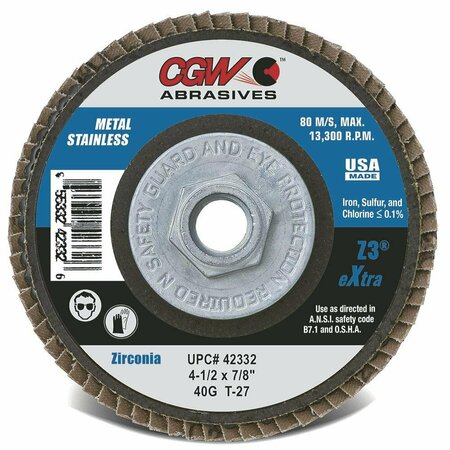 Cgw Abrasives Contaminant-Free Premium Regular Coated Abrasive Flap Disc, 4-1/2 in Dia, 7/8 in Center Hole, 40 Gri 42302